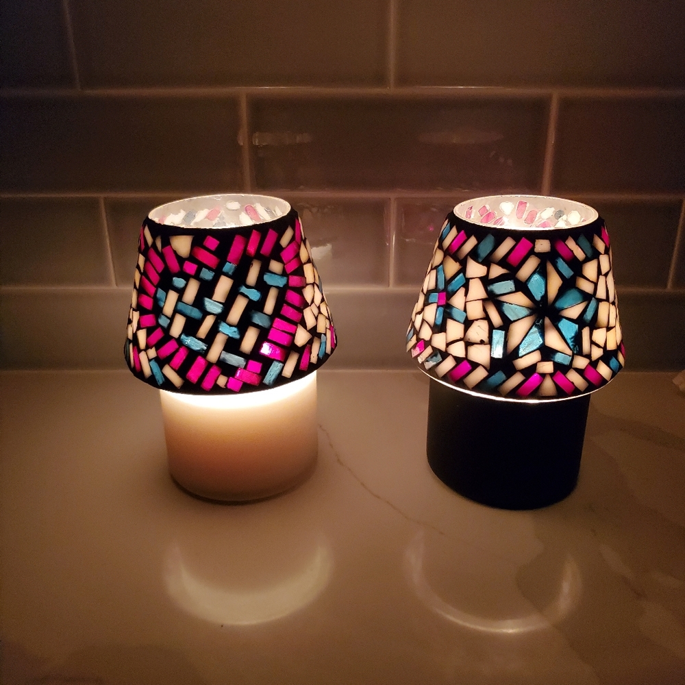 Home Interiors decorative Mosaic, red/white/blue, heart/ star Candle Topper PAIR